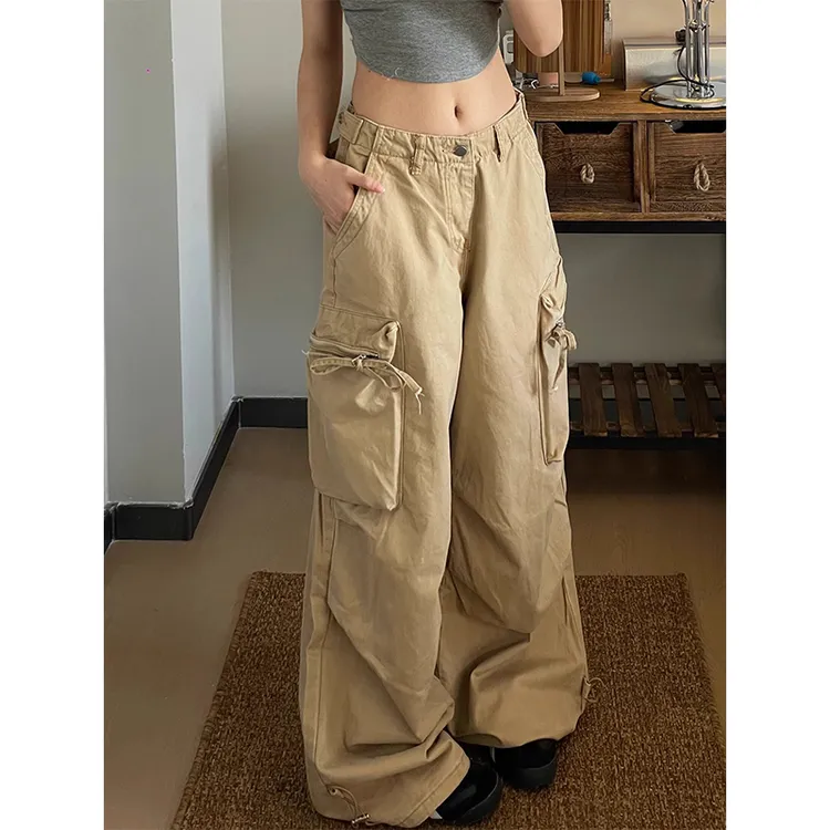 美式甜酷大口袋工装裤女25夏季卡其色复古阔腿宽松直筒束脚伞兵裤