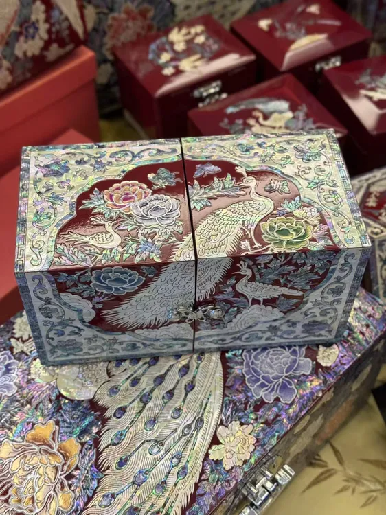 首饰盒/箱 鼎品贝壳复古孔雀螺钿非遗首饰盒对开抽屉收纳新婚礼物