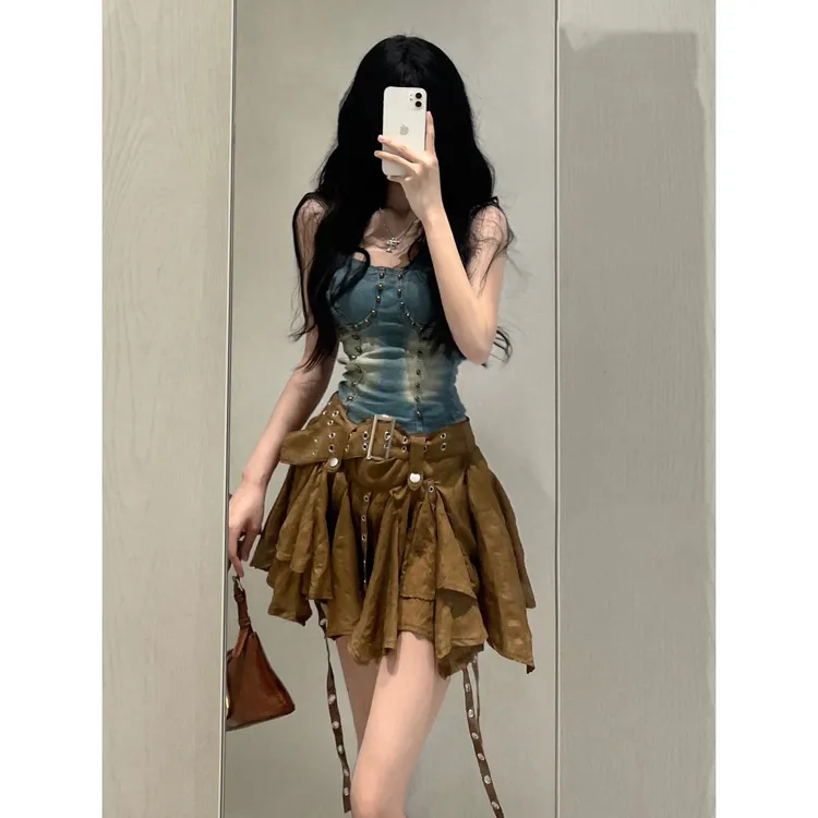 夏款设计感美式甜酷炸街性感牛仔吊带背心半身裙小个子辣妹套装裙