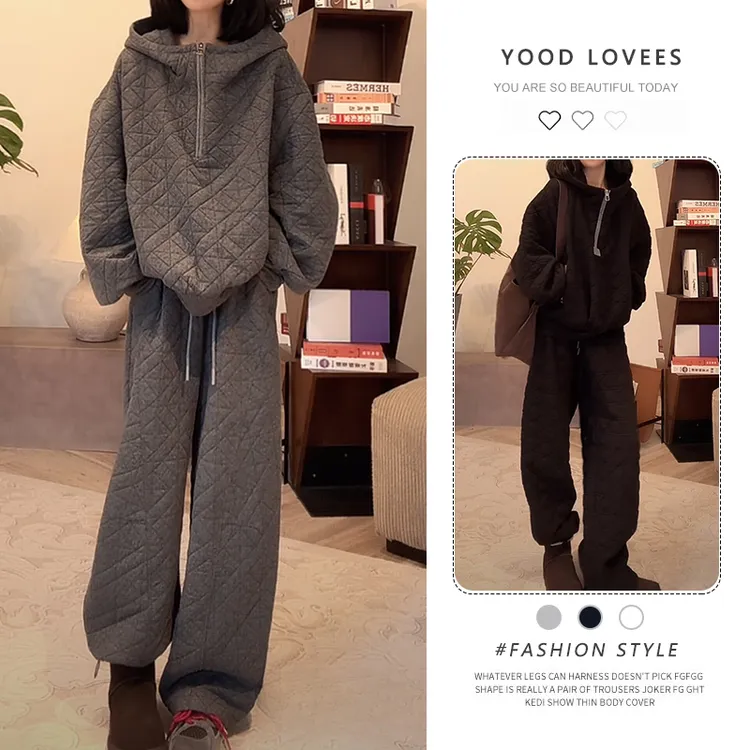 时尚棉服套装女2025冬季新款洋气半拉链连帽卫衣休闲直筒裤两件套