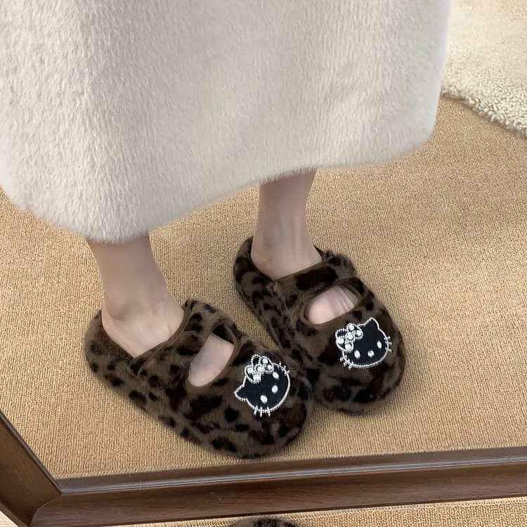 卡通可爱小猫魔术贴毛毛拖女2025年秋季厚底一脚蹬少女包头拖鞋女