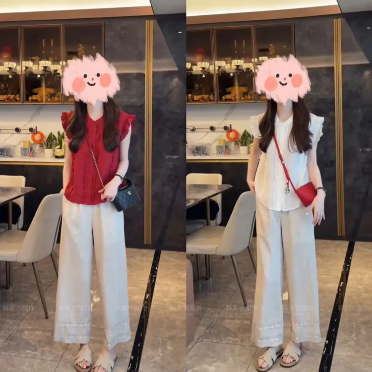 夏季新款韩版透气宽松单排扣减龄花边无袖小衫直筒九分裤两件套