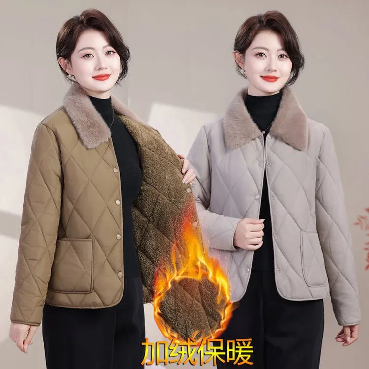 冬季翻毛领加绒加厚短款中老年女装妈妈气质百搭防寒小棉服百搭