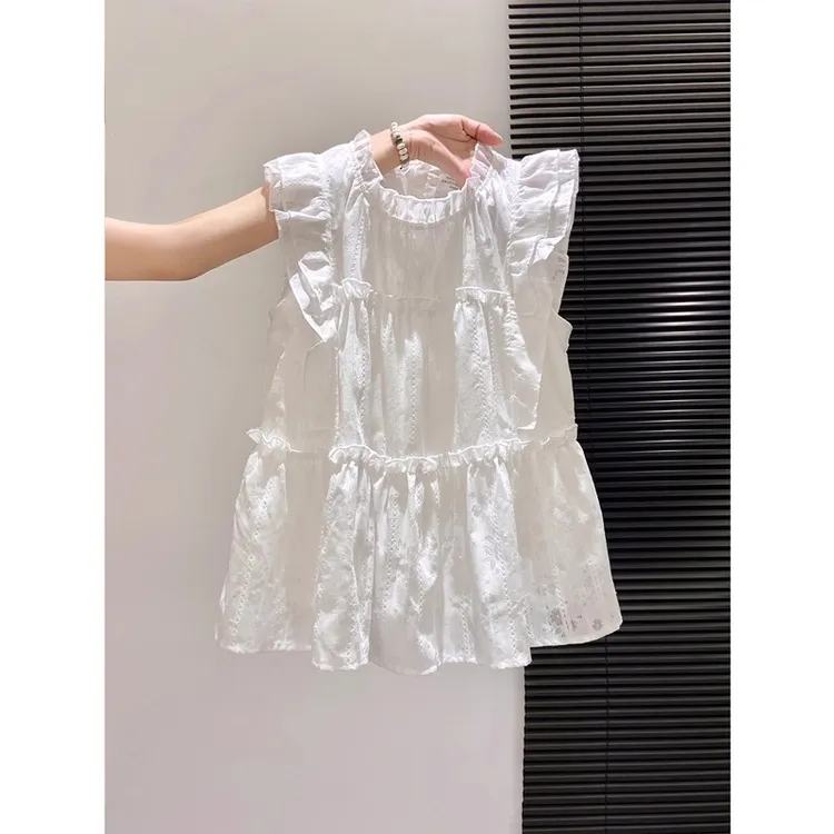 法式白色小飞袖衬衫女夏2025新款设计感甜美木耳边无袖娃娃衫上衣