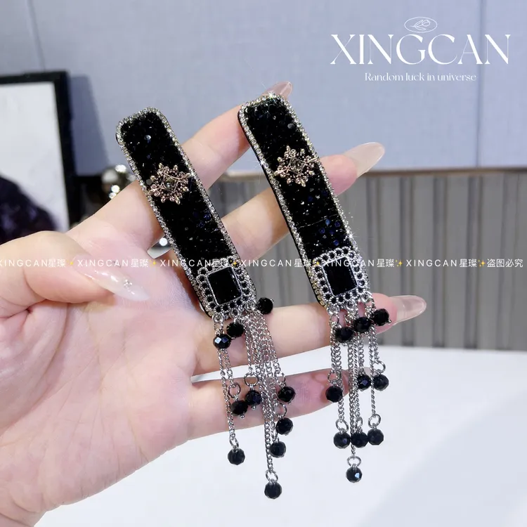 黑色流苏BB夹民族风森系女边夹发卡休闲风发夹优雅黑色百搭法式