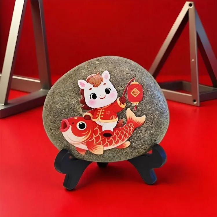鲤鱼娃娃小哥石头画卧室创意玄关书房摆家居饰品摆客厅装饰画