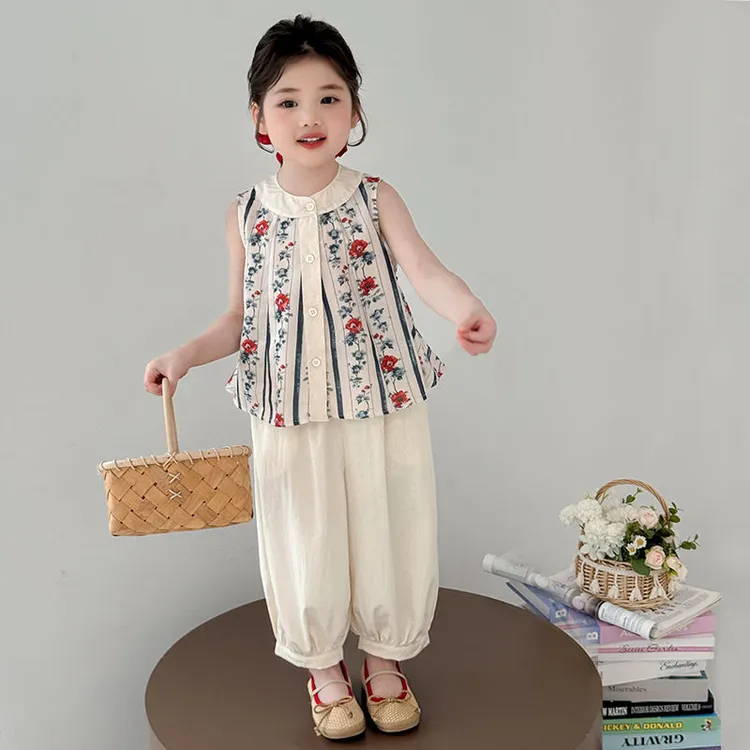 女小童夏季套装2025新款女宝宝花朵无袖夏装小女孩洋气时髦两件套