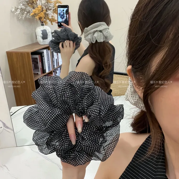 瑾乐新款简约波点蓬蓬网纱大肠发圈高级感发绳丸子头绳高弹力头饰