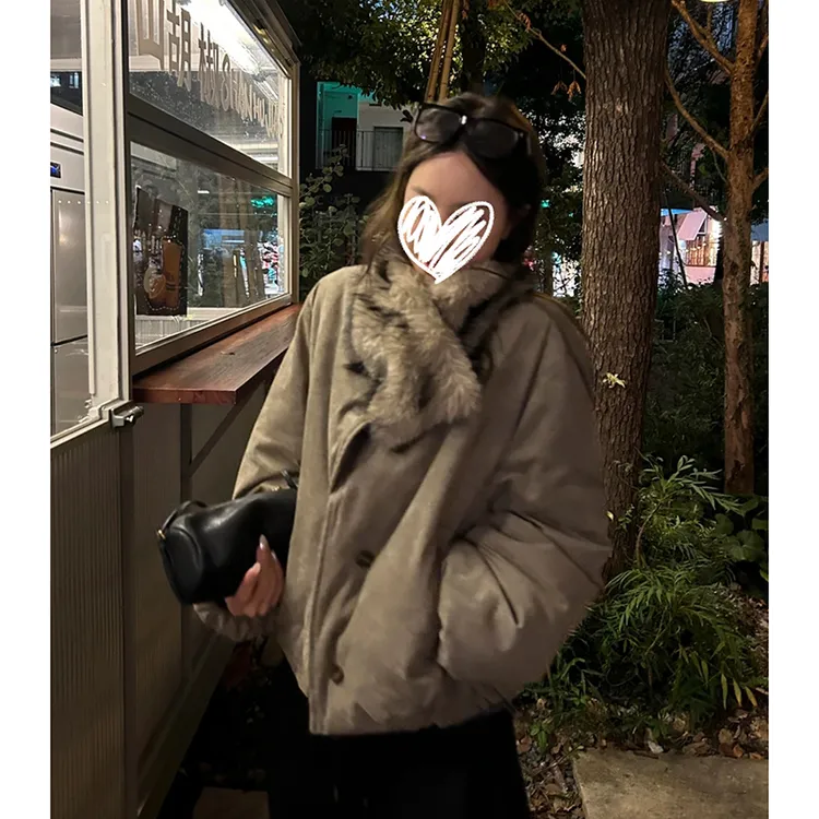 【复古密码】冬季新款带毛绒围巾棉服休闲外套复古美式上衣女