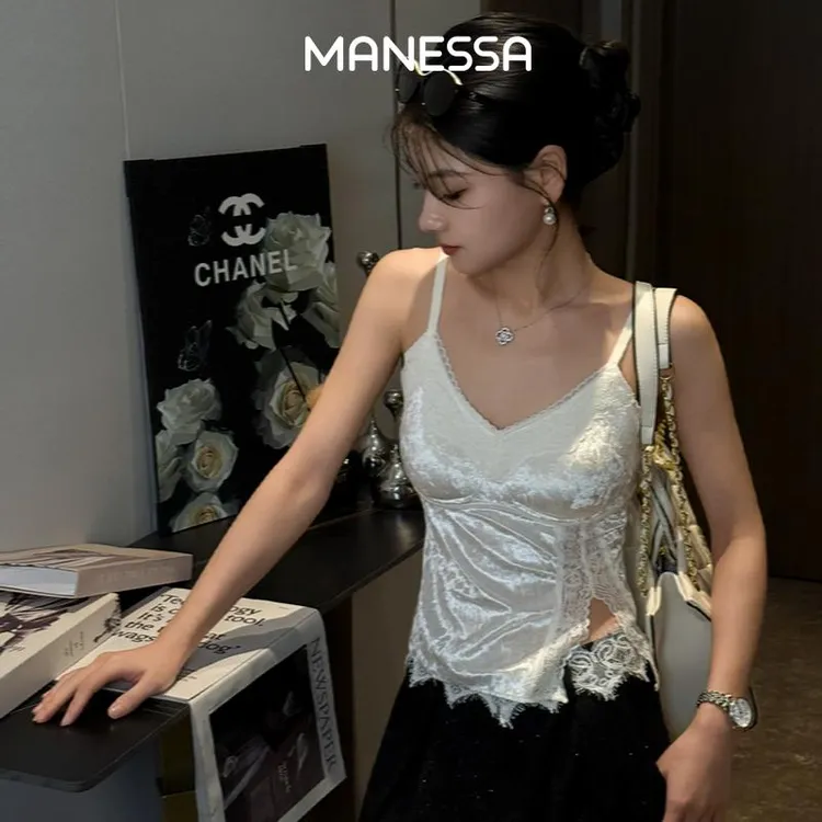 曼娜沙【流光风】丝绒蕾丝纯欲吊带名媛性感辣妹百搭带杯背心内衣女