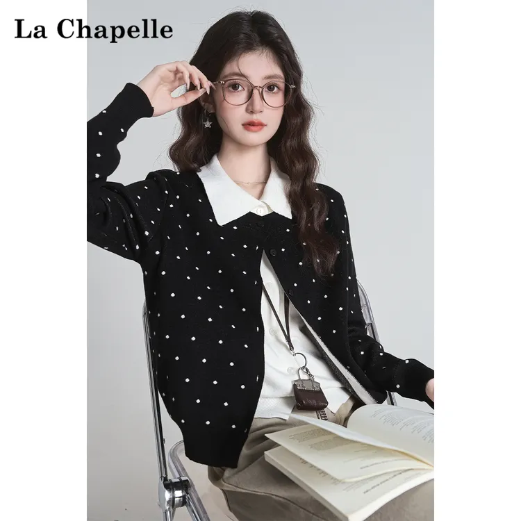 拉夏贝尔韩系撞色拼接假两件黑色波点针织开衫毛衣女秋季显瘦上衣