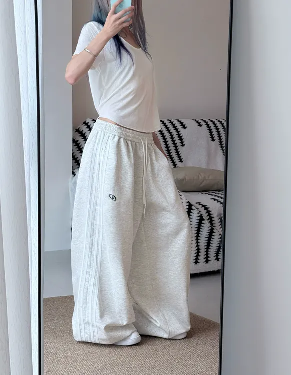 美式慵懒风松弛感条纹运动休闲裤女2025新款阔腿抽绳街舞拖地长裤