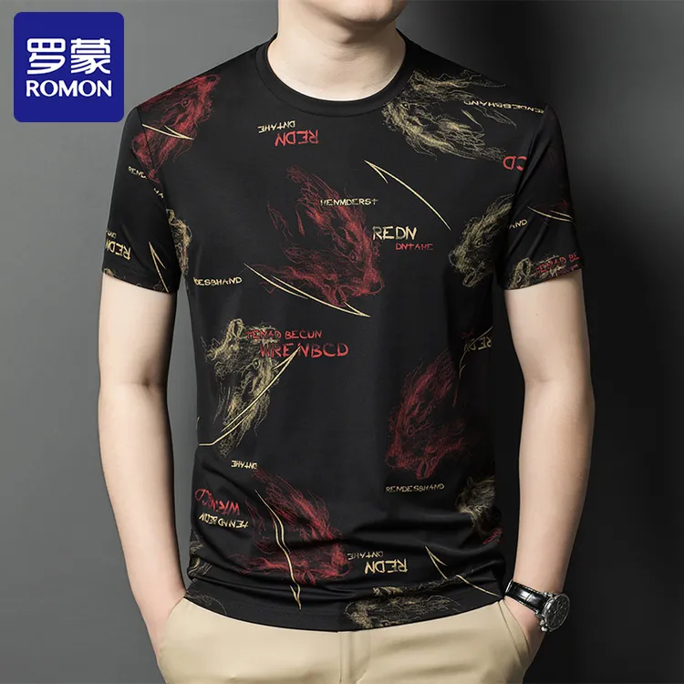 Romon/罗蒙夏季冰丝短袖t恤男士时尚休闲印花潮流圆领半袖男装T恤