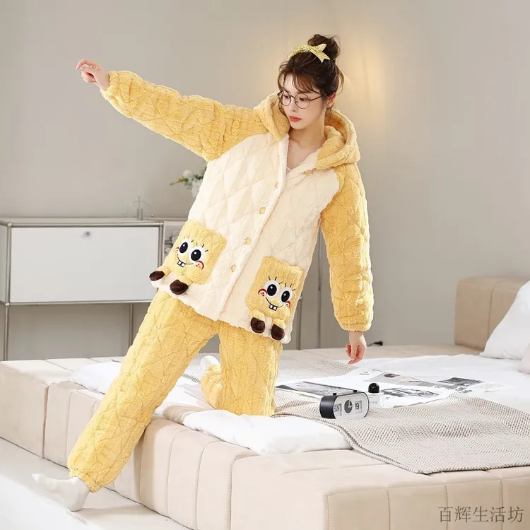 海绵宝宝黄色睡衣冬女三层夹棉加厚保暖卡通法兰绒家居服连帽套装