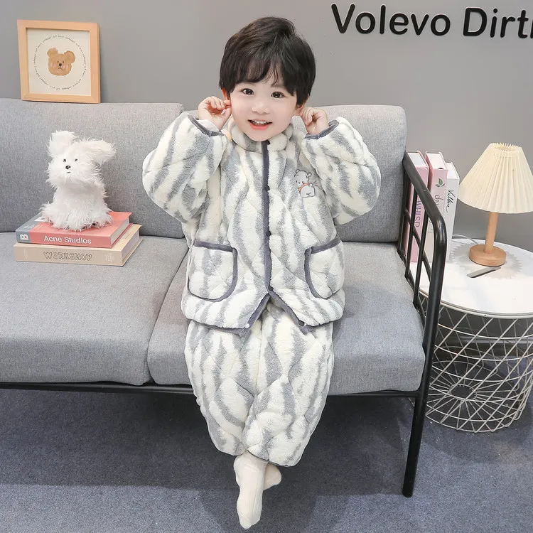 巨好看冬天防寒男童羊羔毛睡衣冬款加绒加厚儿童保暖家居服套装潮