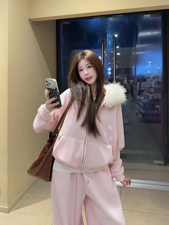 休闲套装大毛领连帽加绒卫衣外套女冬季松紧腰阔腿裤休闲裤两件套