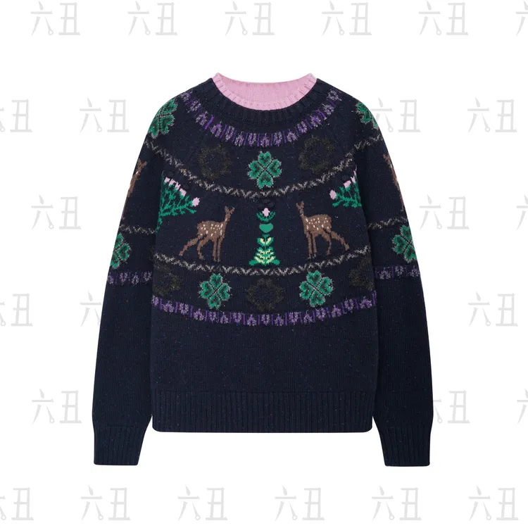 【六丑】新款冬季时尚通勤百搭高级粉领小鹿印花针织衫511ZZS0143