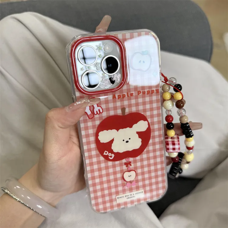 苹果/华为/小米/OPPO/VIVO个性创意红格纹苹果小狗手链大孔手机壳