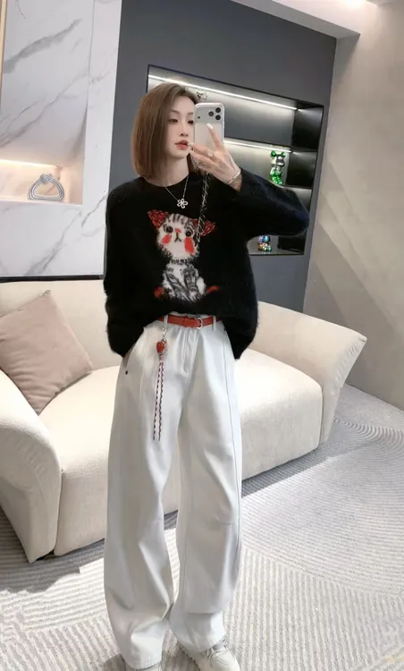 熙薇【牛仔诗迹】2025冬季新款设计师高腰阔腿牛仔裤H6797