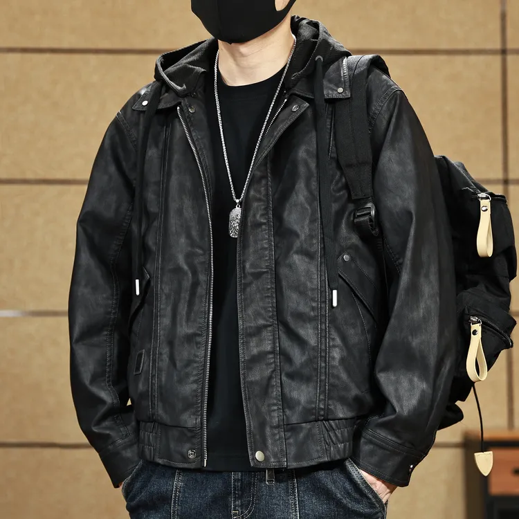 高级感假两件连帽可拆工装PU皮衣外套男士春秋季潮流痞帅皮夹克男
