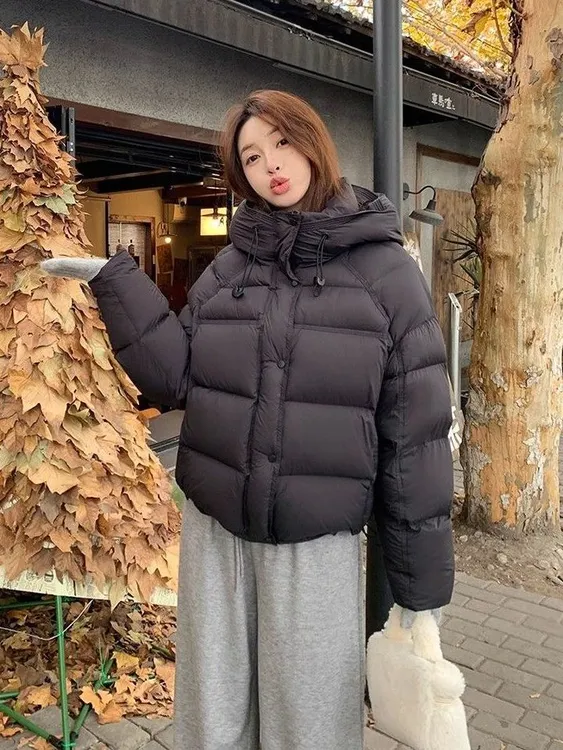 lulu同款鹅绒服90短款泡芙羽绒服女休闲小个子拉链连帽宽松加厚