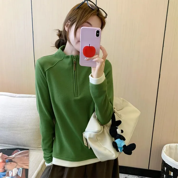 韩系穿搭立领德绒卫衣女2025超火减龄洋气内搭修身显瘦打底衫上衣