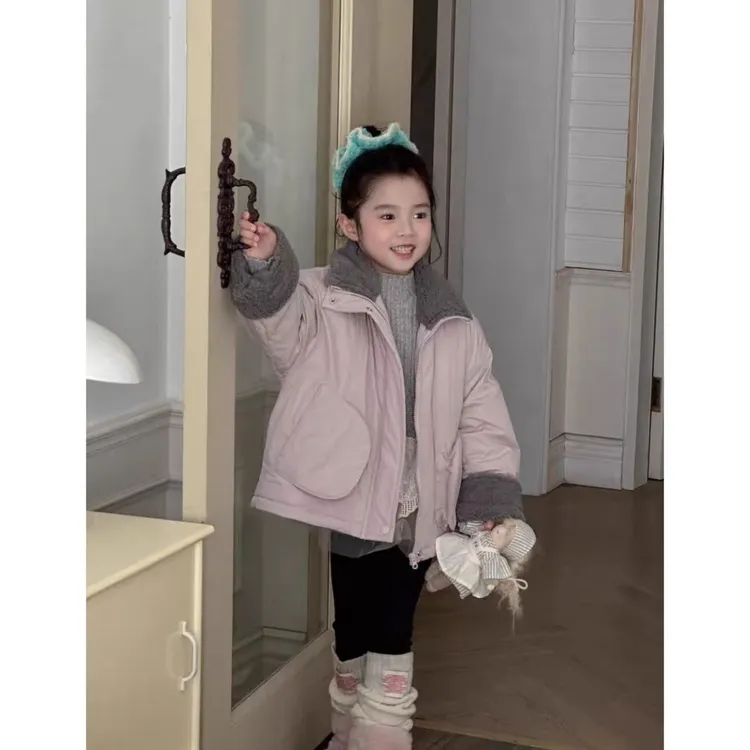 韩国女童加厚毛领棉衣2025冬季新品宝宝洋气夹棉厚实夹克衫棉服