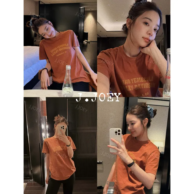 J.JOEY “100棉”经典复古纯色圆领印花百搭T恤 C501019