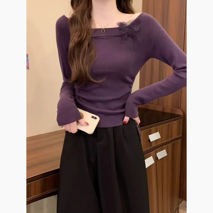 紫色立体蝴蝶长袖针织衫女早秋纯欲辣妹收腰抽绳法式打底短款上衣