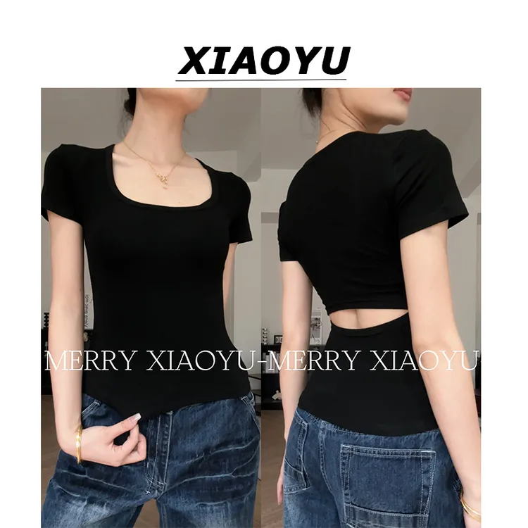 小鱼【甜辣镂空】小众设计露背上衣辣妹夏季收腰黑色显瘦正肩T恤
