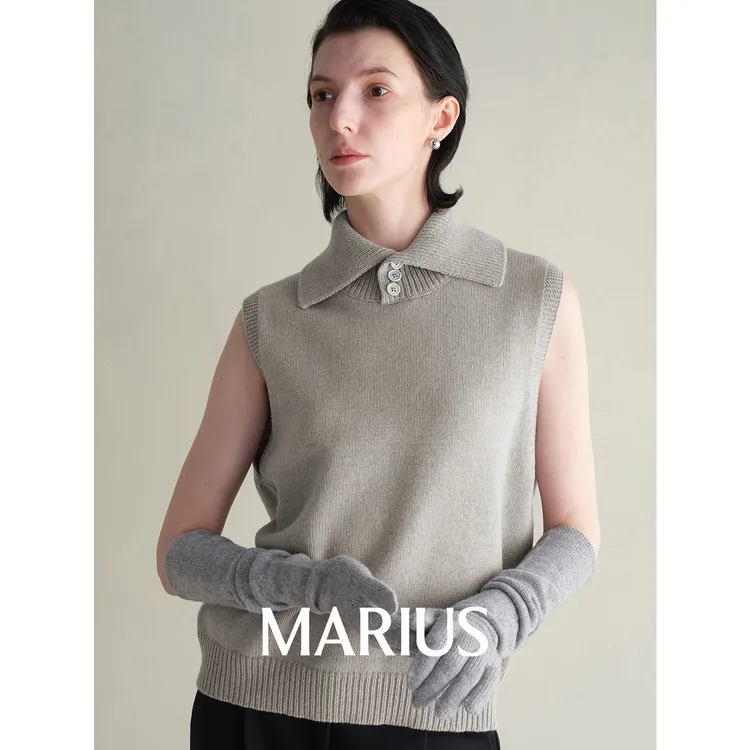 MARIUS轻奢美利奴细绵羊毛宽松遮肉显瘦三粒扣翻领叠穿马甲背心