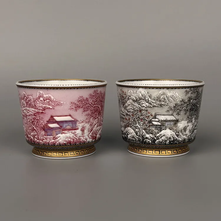 出雲珍藏 釉上彩雪景山水容天杯 宝石红墨彩对杯纯手工手绘主人杯