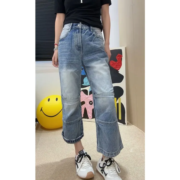 艾塔莉显瘦直筒牛仔裤夏季新款胖mm梨形身材直筒九分阔腿裤显腿长