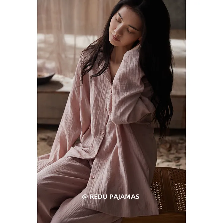 热妒睡衣女春秋纯棉纱布带胸垫可外穿女士简约2025新款家居服套装