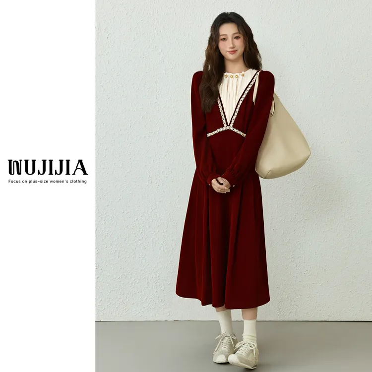 五季家【胖梨梨大码定制】秋冬款上新红色气质连衣裙裙子ZL111573