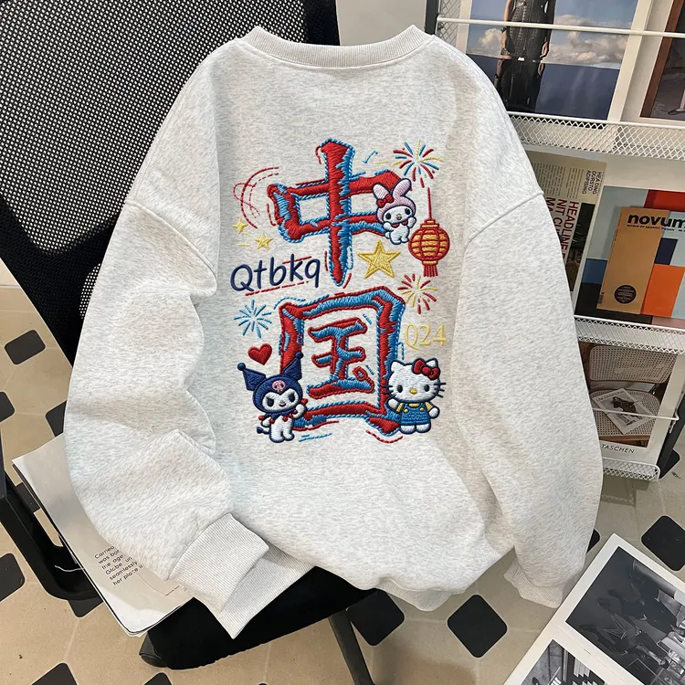 冬季2025新款潮流凯蒂猫印花女童加绒圆领卫衣中大童加绒上衣服潮