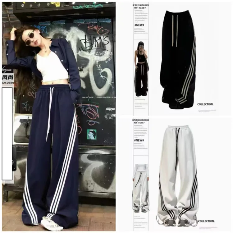 【现货+运险】高街条纹休闲运动裤春夏美式设计感三条杠直筒阔腿裤y