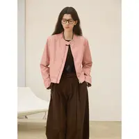 CHALAMON夏拉蒙 金属丝棉混纺PU皮衣女早秋新款修身短款皮外套