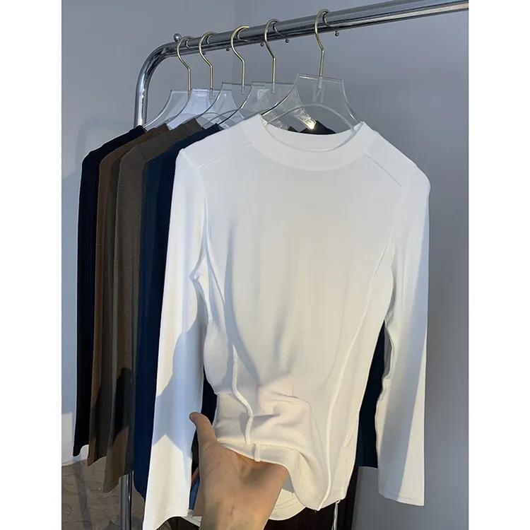 白色长袖T恤女2025秋冬新款简约修身内搭磨毛加绒保暖打底衫上衣