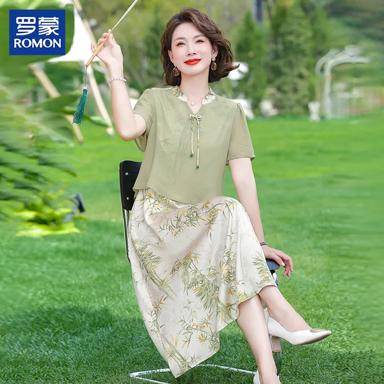 罗蒙妈妈装夏季国风连衣裙2025新款中年时尚长裙中老年女显瘦裙子