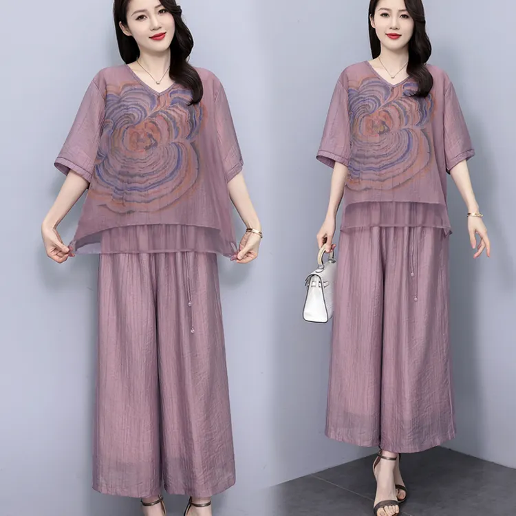 现货天丝麻冰丝大码女夏季2025新款垂感阔腿裤高级感宽松气质套装