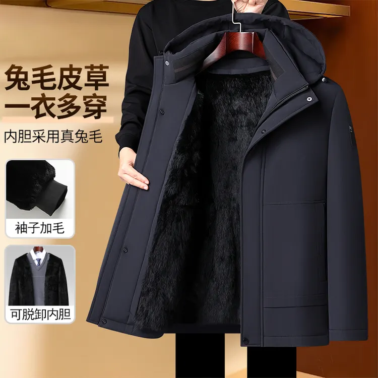 【兔毛皮草袖子加绒】可拆卸男士冬装派克棉服加厚中老年爸爸装棉衣