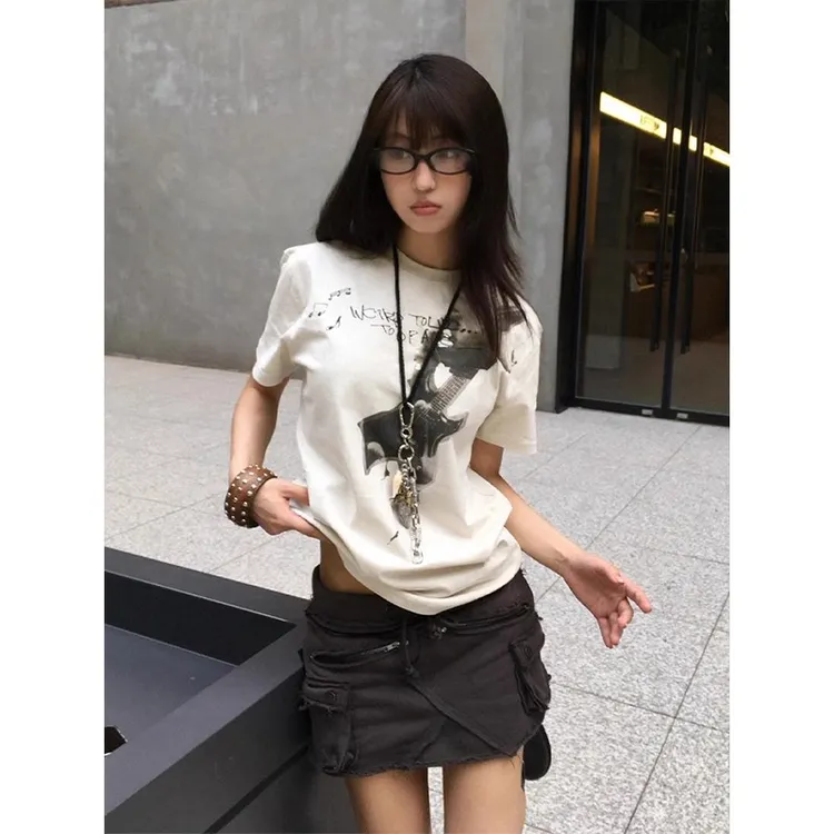 夏季吉他印花辣妹圆领t恤修身显瘦重磅上衣潮美式复古正肩短袖女