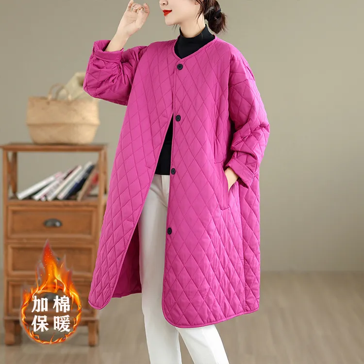 韩系百搭菱格中长款纯色外套欧洲站2025春季新款时尚休闲圆领上衣