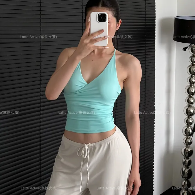 拿铁女孩显瘦挂脖背心吊带夏季聚拢运动修身型背心纯色通勤健身服
