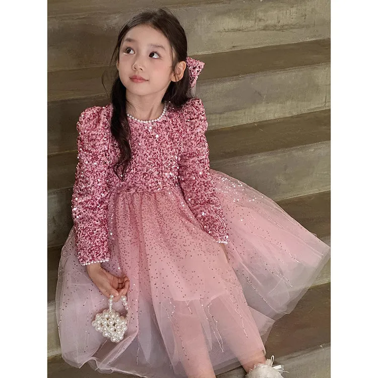 女童秋冬重工亮片公主裙2025新款女孩蓬蓬纱连衣裙花童生日礼服裙