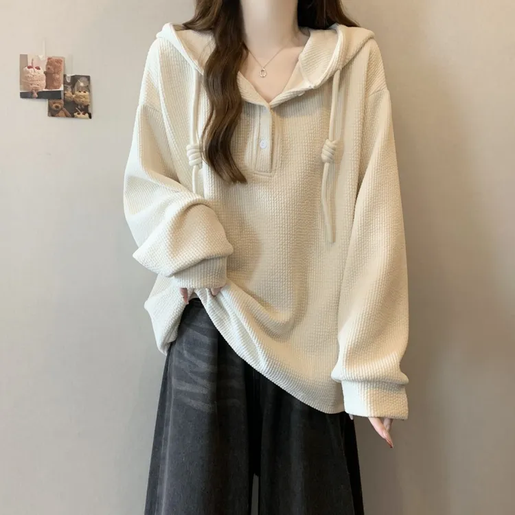 大码纹理感坑条连帽上衣女2025秋冬季新款宽松显瘦时尚长袖帽衫女