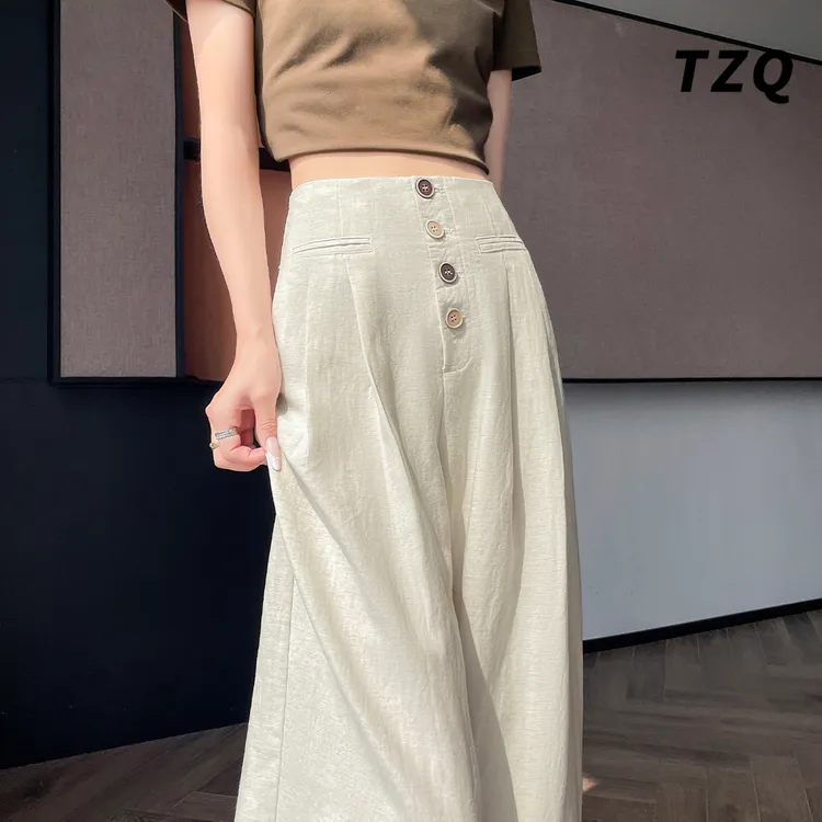 慵懒风亚麻裤阔腿裤女2025夏季薄款高腰显瘦窄版拖地裤TZQ2552322