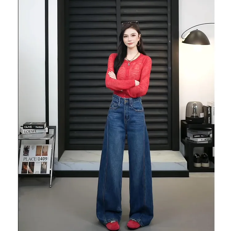 2025秋装新款深蓝色宽松阔腿牛仔裤女高腰显瘦遮肉减龄洋气休闲裤