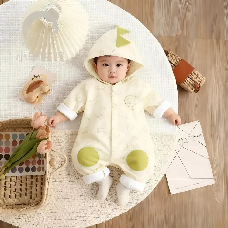 MR冬款咕噜恐龙岛棉哈衣连帽满印卡通男女宝婴幼可爱连体爬服